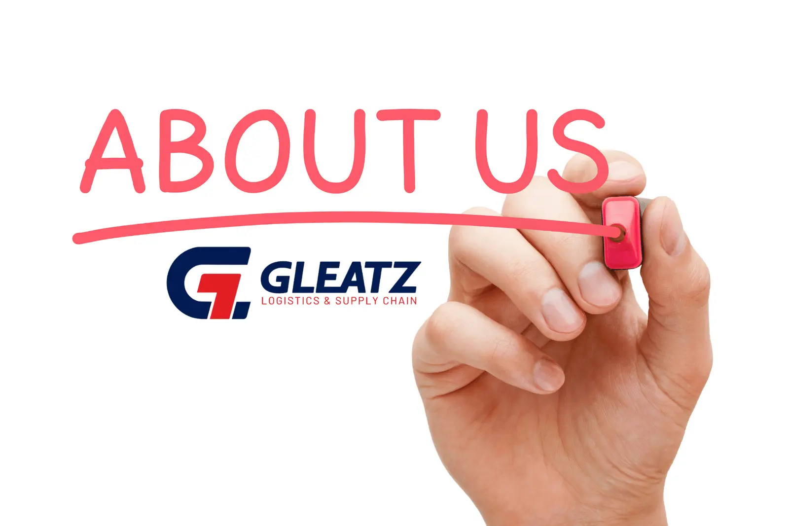 Mão a escrever «Sobre Nós» com o logótipo da Gleatz Logistics