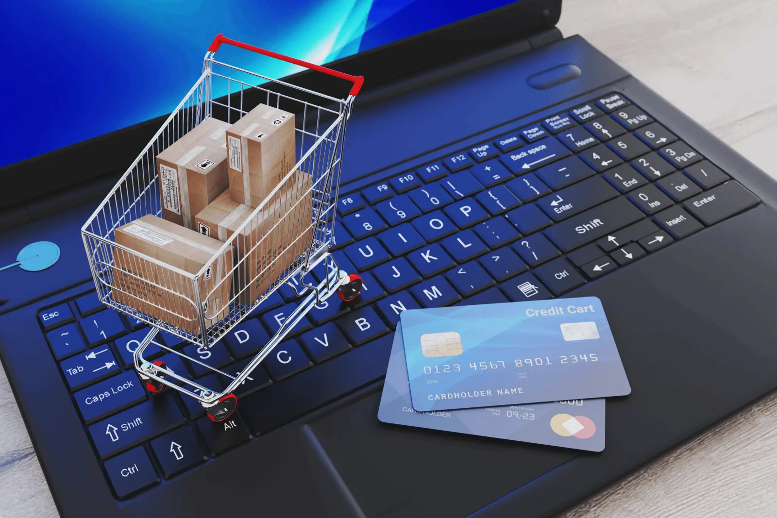 Portátil com carrinho de compras e encomendas – logística e fulfilment de comércio eletrónico
