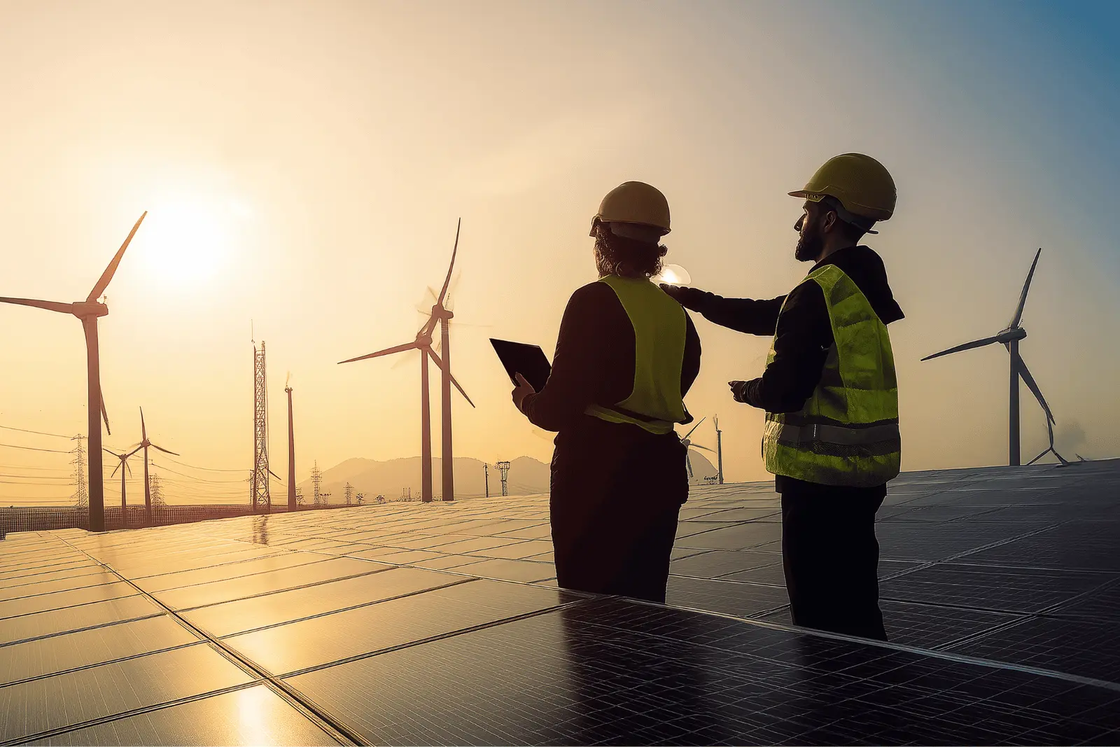 Engenheiros num parque eólico e solar ao pôr do sol – logística de energia