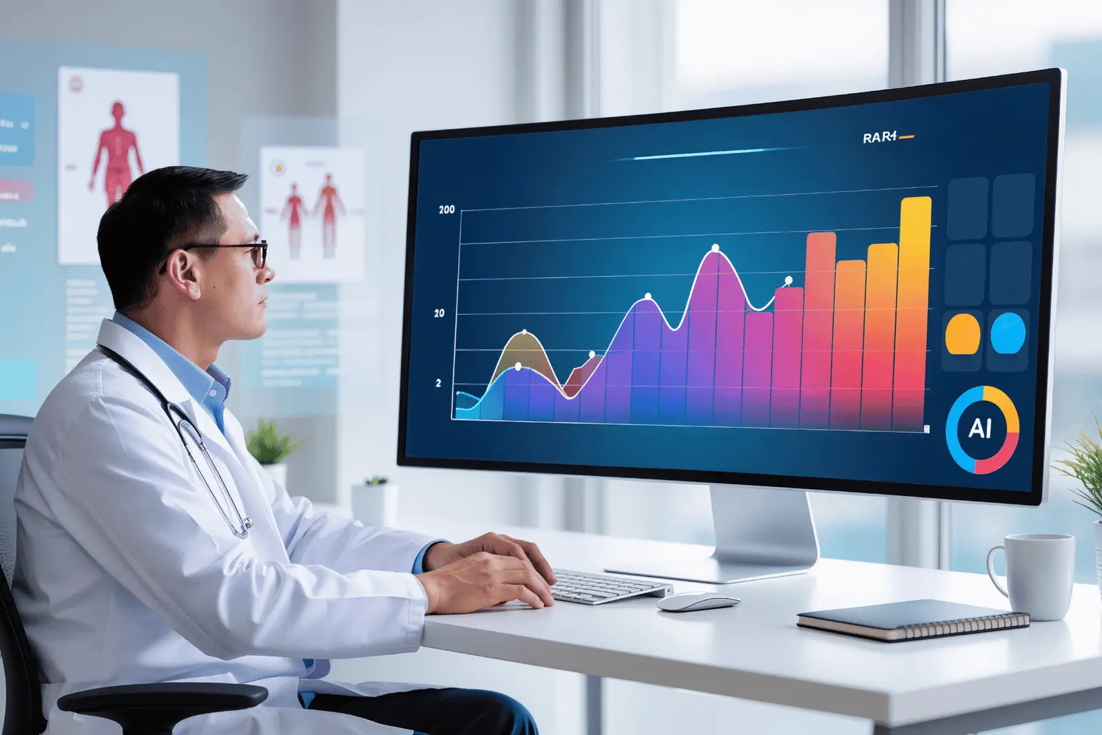 Büyük monitörde verileri inceleyen doktor – sağlık lojistiği insights